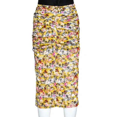 Pre-owned Dolce & Gabbana Yellow Floral Print Stretch Silk Ruched Skirt M