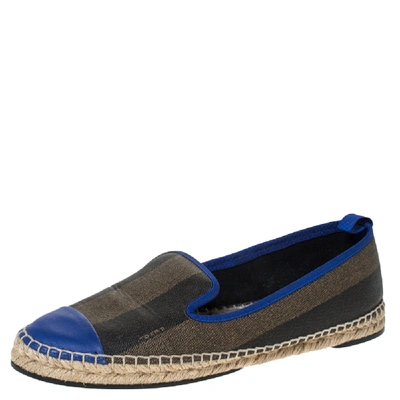 Pre-owned Fendi Blue/brown Canvas And Leather Junia Espadrille Flats Size 39