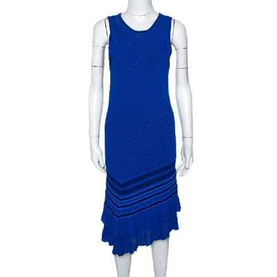 Pre-owned Roberto Cavalli Blue Stretch Knit Asymmetric Hem Dress M