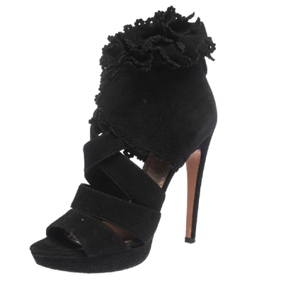 Pre-owned Alaïa Black Suede Ruffle Accented Strappy Platform Sandals Size 38