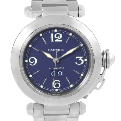 Shop Cartier Pasha C Midsize Steel Blue Dial Big Date Watch W31047m7 In Not Applicable