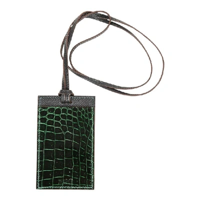 Pre-owned Hermes Lanyard Card Holder Vert Fonce Porosus Crocodile/ Black Epsom Bi-color