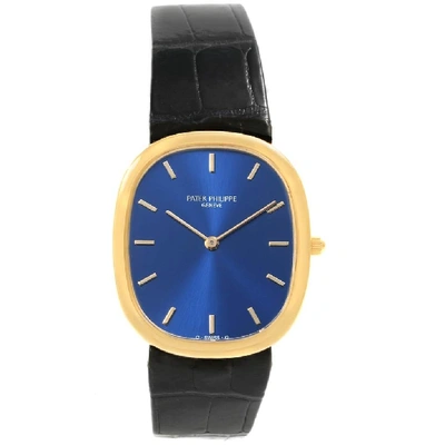 Shop Patek Philippe Golden Ellipse Yellow Gold Blue Dial Watch 3738 Box In Not Applicable