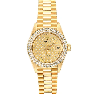 Shop Rolex President Datejust Yellow Gold Pave Diamond Ladies Watch 69138 In Not Applicable