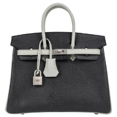 Pre-owned Hermes Birkin 25 Bag Hss Black W/ Gris Perle Chevre Brushed Palladium Hardware In Grey