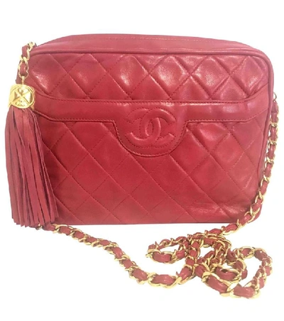 Pre-owned Chanel Vintage  Red Lambskin Camera Bag Style Chain Shoulder Bag With Fringe And Cc Stitch Mark. Clas In Burgundy