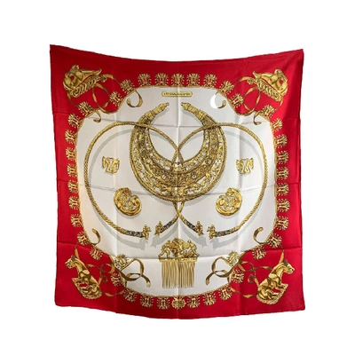 Pre-owned Hermes Vintage Silk Scarf Les Cavaliers D'or 1975 Rybaltchenko In Red