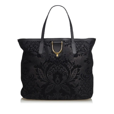 Shop Gucci Brocade Leather Stirrup Tote Bag In Black
