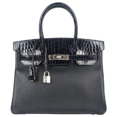 Pre-owned Hermes Birkin 30 Touch Bag Blue Marine Crocodile And Black Leather Palladium In Grey