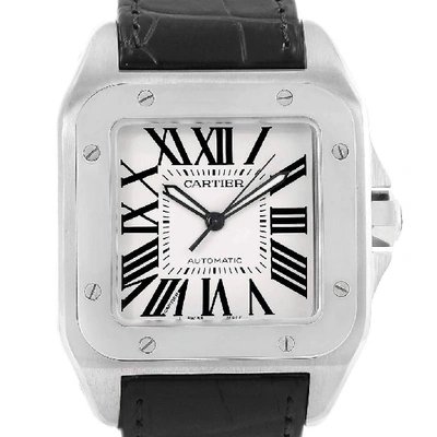 Shop Cartier Santos 100 Silver Dial Steel Black Strap Mens Watch W20073x8 In Not Applicable