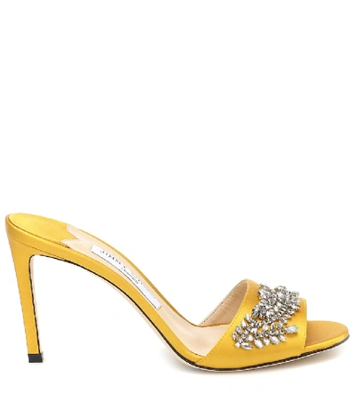 Shop Jimmy Choo Stacey 85 Embellished Satin Sandals In Yellow