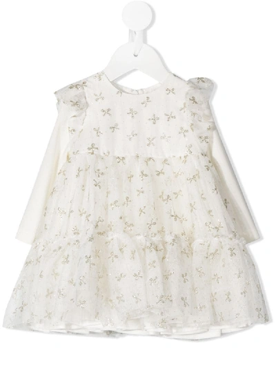 Shop Monnalisa Glitter Bow Print Ruffle Detail Dress In White