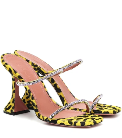 Shop Amina Muaddi Gilda Embellished Calf Hair Sandals In Yellow