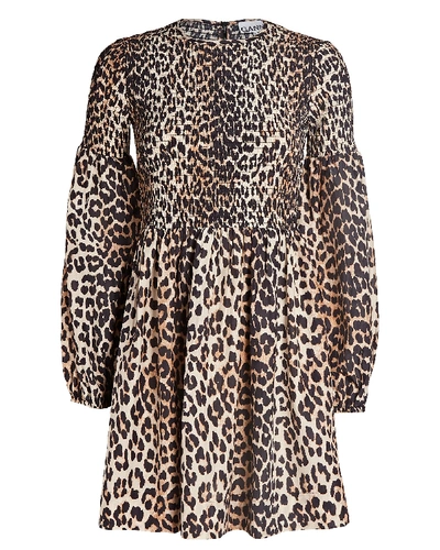 Shop Ganni Smocked Silk-cotton Leopard Mini Dress In Multi