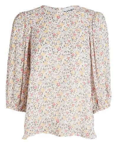 Shop Ganni Printed Georgette Blouse In Ivory/yellow