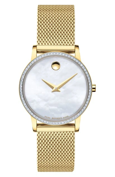 Shop Movado Museum Classic Diamond Bracelet Watch, 28mm In Gold/ White Mop/ Gold