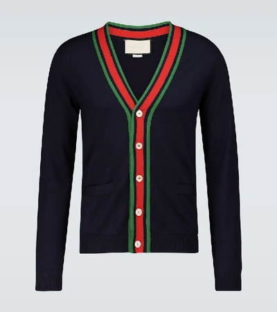 Shop Gucci Knitted Wool Cardigan In Blue