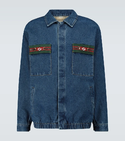 Shop Gucci Washed Denim Jacket With Web In Blue