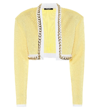 Shop Balmain Chain-link Cropped Knit Jacket In Yellow