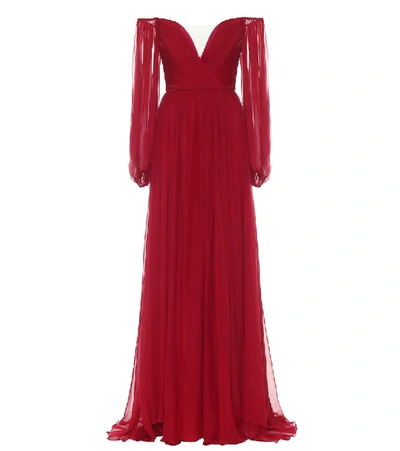 Shop Monique Lhuillier Off-shoulder Silk-chiffon Gown In Red