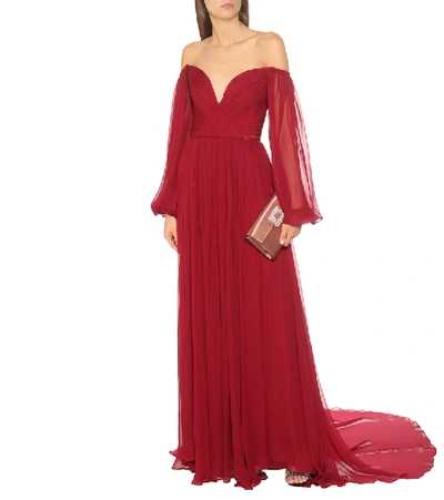 Shop Monique Lhuillier Off-shoulder Silk-chiffon Gown In Red