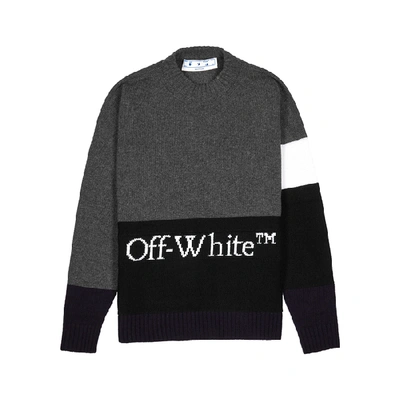 Shop Off-white Colour-blocked Logo-intarsia Wool Jumper In Grey