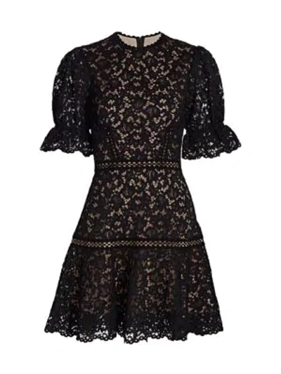 Shop Jonathan Simkhai Lace Puff-sleeve Flounce Mini Dress In Black