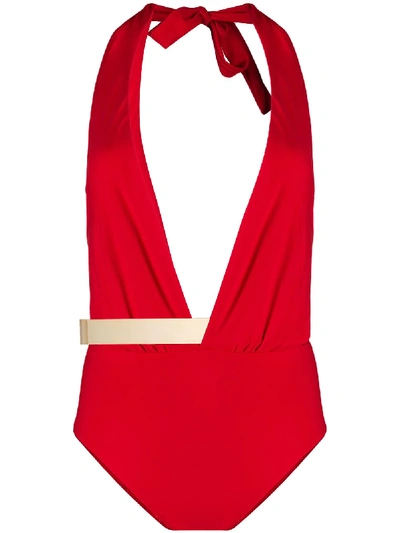 Shop Moeva Deep V-neck Tie Back Swimsuit In Red