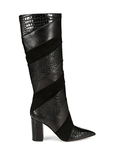 Shop Aquazzura Boetti Knee-high Croc-embossed Leather & Suede Boots In Black