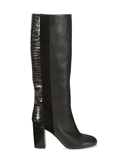 Shop Aquazzura Eaton Croc-print Leather & Suede Tall Boots In Black
