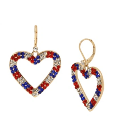 Shop Betsey Johnson Heart Drop Earrings In Gold-tone Metal, 1.75" In Red/white/blue