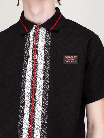 Shop Burberry Monogram Stripe Print Cotton Piqué Polo Shirt In Black
