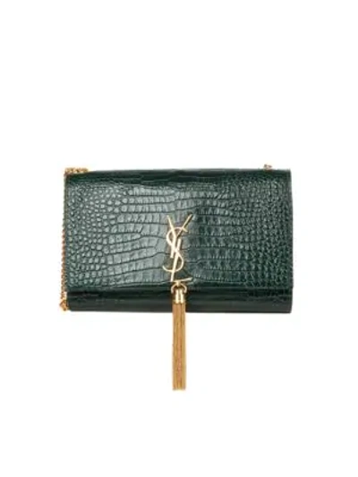 Shop Saint Laurent Kate Monogram Croc-embossed Leather Tassel Chain Shoulder Bag In Dark Mint
