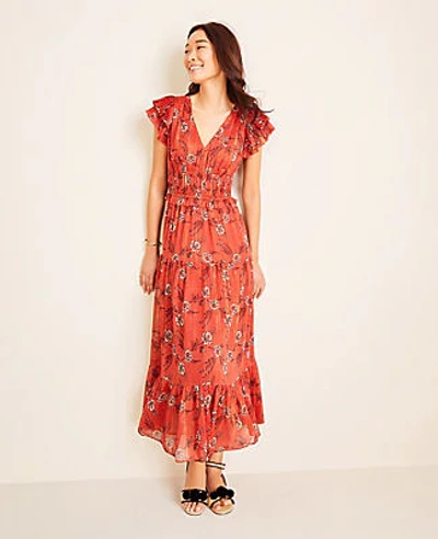 Shop Ann Taylor Shimmer Floral Flutter Sleeve Maxi Dress In Light Redwood