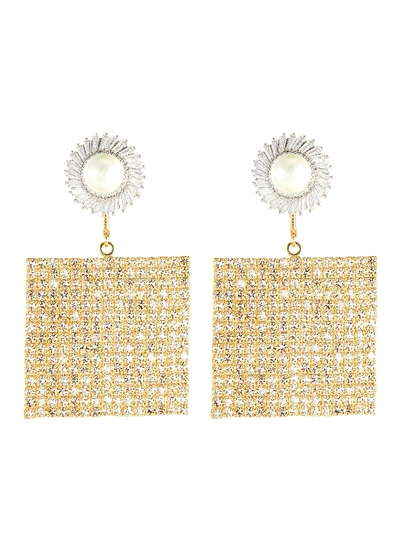 Shop Venna Pearl Stud Squared Crystal Pave Drop Earrings In Metallic