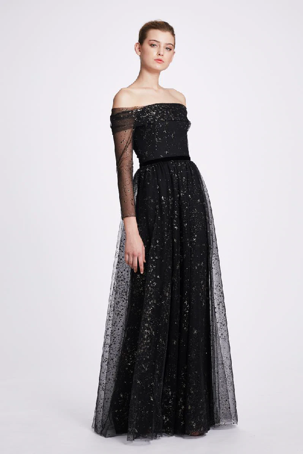 off the shoulder glitter dress
