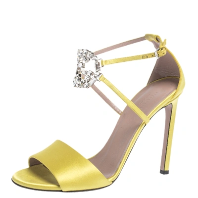 Pre-owned Gucci Yellow Satin Crystal Embellished Ankle Strap Sandals Size 38