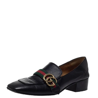Pre-owned Gucci Black Leather Gg Marmont Web Slip On Loafers Size 38.5