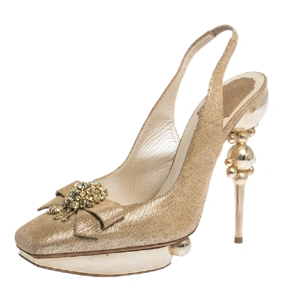 Pre-owned Dior Gold/beige Nubuck Crystal Embellished Sculpted Heel Slingback Platform Sandals Size 38.5
