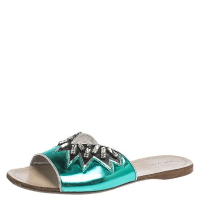 Pre-owned Miu Miu Metallic Green/black Leather Crystal Embellished Slide Sandals Size 38