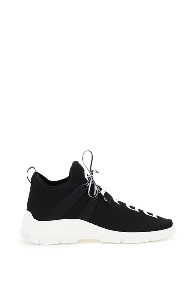 Shop Prada Knit Logo Sneakers In Black,white