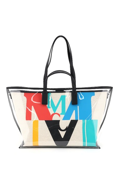 Shop Mcm Medium Tpu And Canvas Tote Bag With Logo In Black,beige,red