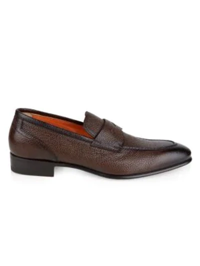 Shop Santoni Felipe Pebbled Leather Penny Loafers In Brown