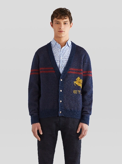 Shop Etro Mohair And Wool Cardigan With Pegaso In Navy Blue