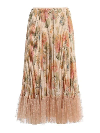 Shop Red Valentino Tulle Ruffle Pleated Floral Skirt In Pink