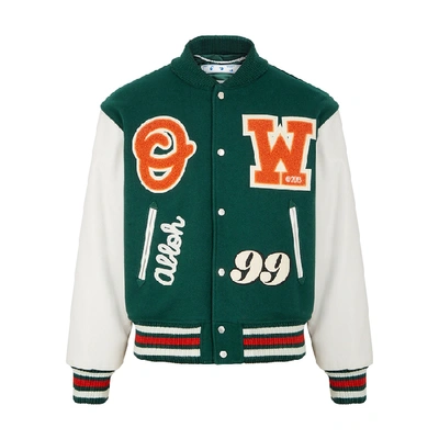 Shop Off-white Green Wool-blend And Leather Bomber Jacket