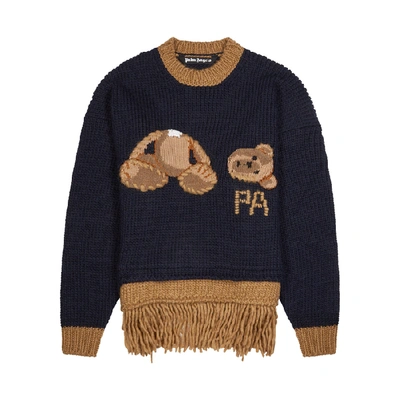 Shop Palm Angels Navy Bear-intarsia Fringed Wool-blend Jumper
