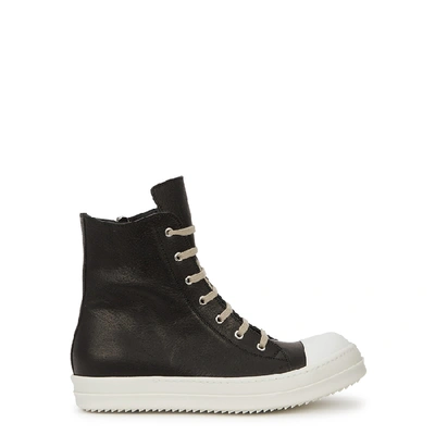 Shop Rick Owens Black Leather Hi-top Sneakers In Black And White
