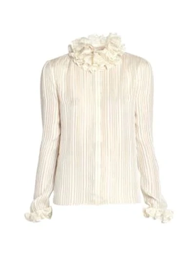 Shop Saint Laurent Women's Ruffle Neck Stripe Blouse In Ivory