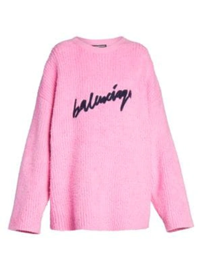 Shop Balenciaga Oversized Logo Knit Crewneck Sweater In Pink